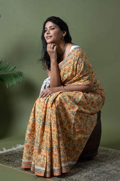 ICH Sanganer Statements. Hand Block Printed Mul Cotton Saree - Summer Floral - Image 2