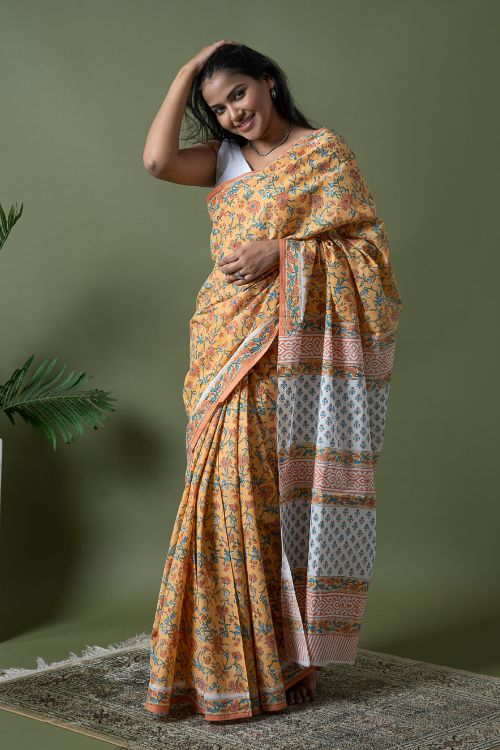 ICH Sanganer Statements. Hand Block Printed Mul Cotton Saree - Summer Floral - Image 3