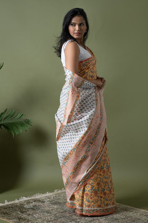 ICH Sanganer Statements. Hand Block Printed Mul Cotton Saree - Summer Floral - Image 5