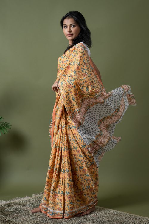 ICH Sanganer Statements. Hand Block Printed Mul Cotton Saree - Summer Floral - Image 7