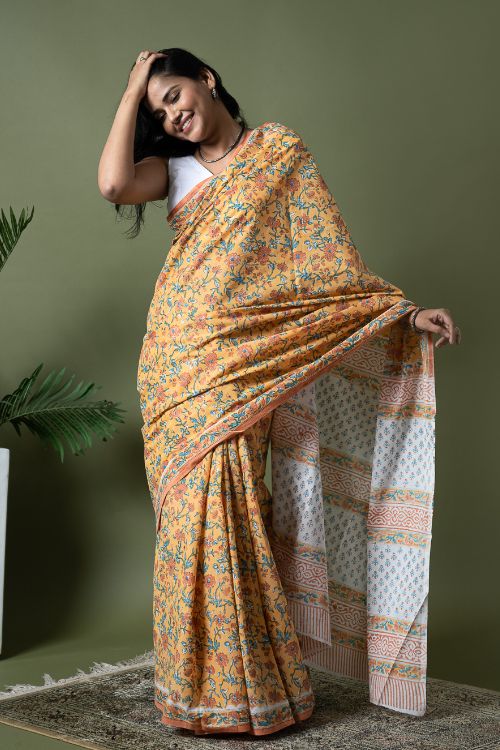 ICH Sanganer Statements. Hand Block Printed Mul Cotton Saree - Summer Floral - Image 8
