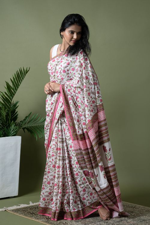 ICH Sanganer Statements. Hand Block Printed Mul Cotton Saree - White Flora - Image 2
