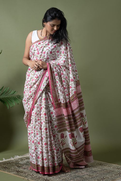 ICH Sanganer Statements. Hand Block Printed Mul Cotton Saree - White Flora - Image 3