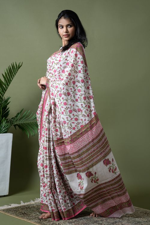 ICH Sanganer Statements. Hand Block Printed Mul Cotton Saree - White Flora - Image 4