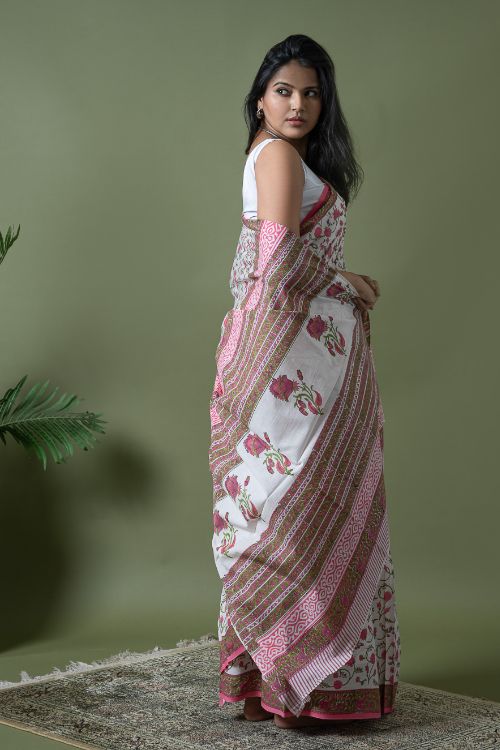 ICH Sanganer Statements. Hand Block Printed Mul Cotton Saree - White Flora - Image 5