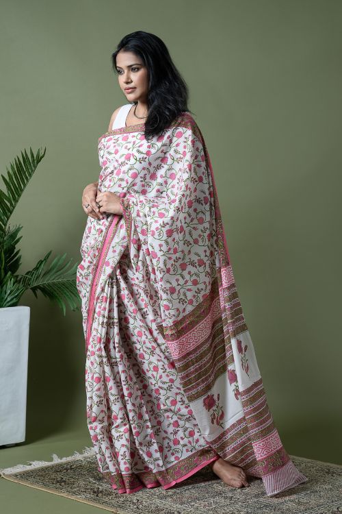 ICH Sanganer Statements. Hand Block Printed Mul Cotton Saree - White Flora - Image 6