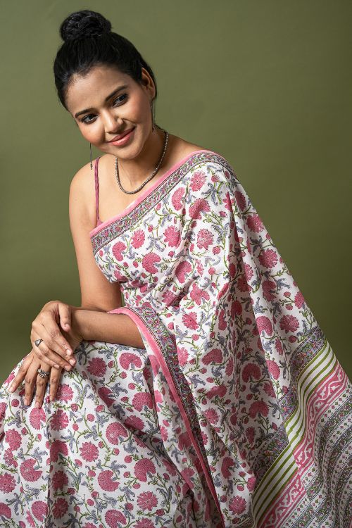 ICH Sanganer Statements. Hand Block Printed Mul Cotton Saree - White Flora - Image 3