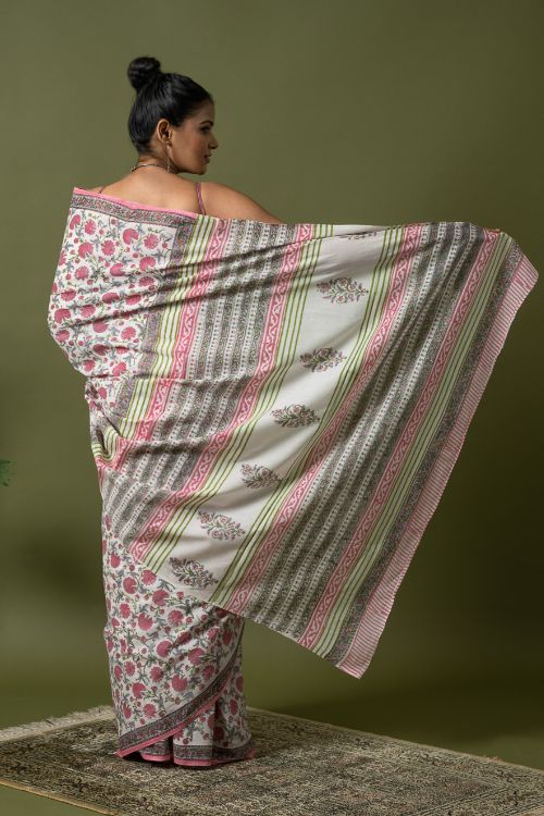 ICH Sanganer Statements. Hand Block Printed Mul Cotton Saree - White Flora - Image 5