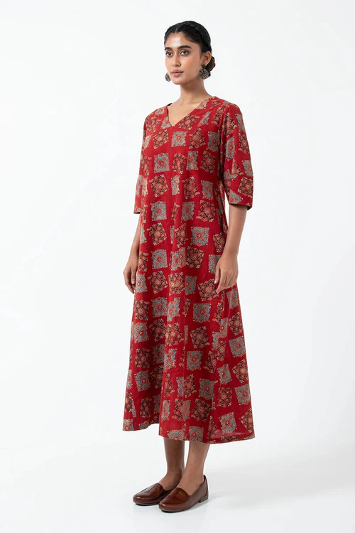 Inkriti "Everyday" Block Printed Organic Cotton Dress - Half Red