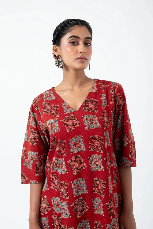 Inkriti "Everyday" Block Printed Organic Cotton Dress - Half Red - Image 2