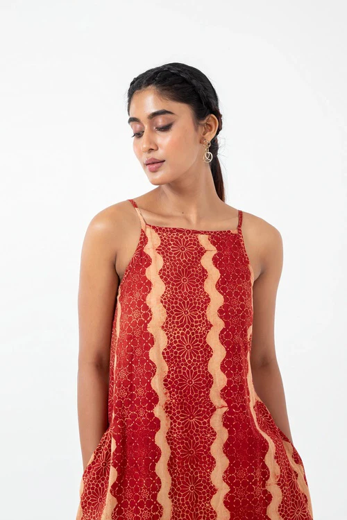 Inkriti "Indie" Block Printed Organic Cotton Dress - Red waves - Image 2