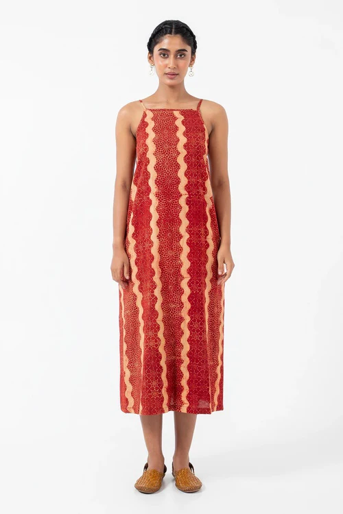 Inkriti "Indie" Block Printed Organic Cotton Dress - Red waves - Image 3