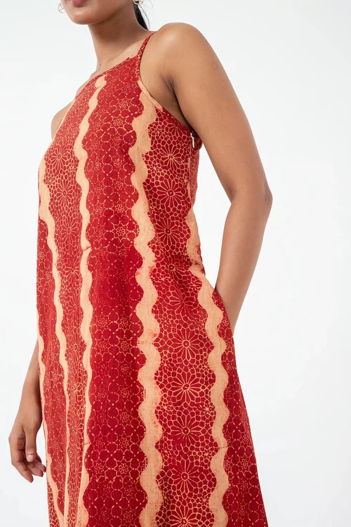 Inkriti "Indie" Block Printed Organic Cotton Dress - Red waves - Image 4