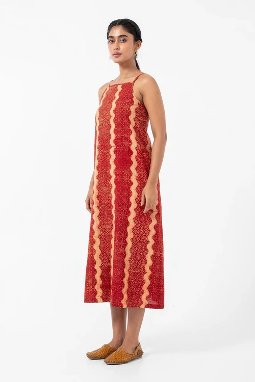 Inkriti "Indie" Block Printed Organic Cotton Dress - Red waves - Image 6