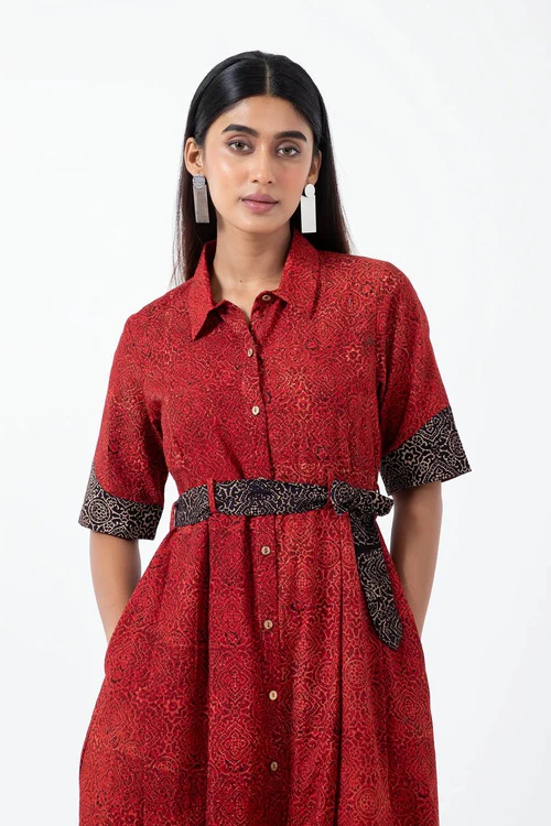 Inkriti "Monday" Block Printed Organic Cotton Dress - Red Silverlining