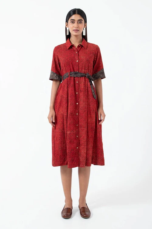Inkriti "Monday" Block Printed Organic Cotton Dress - Red Silverlining - Image 2