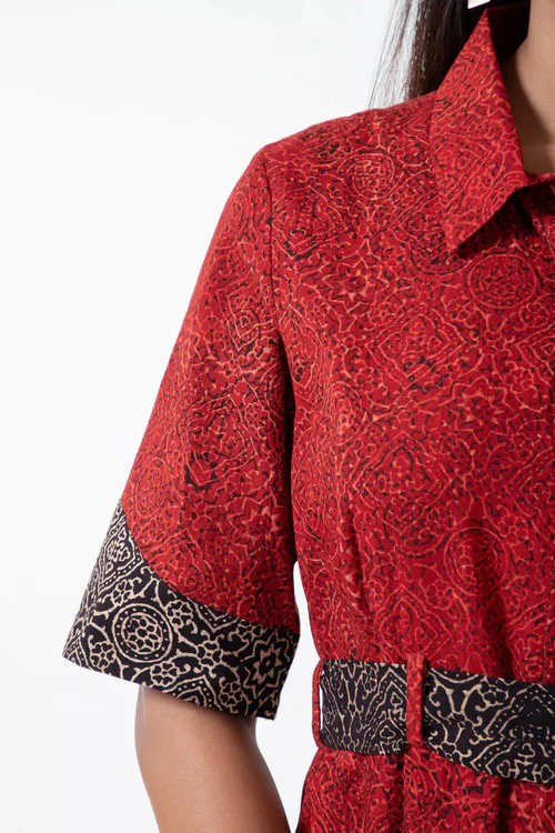 Inkriti "Monday" Block Printed Organic Cotton Dress - Red Silverlining - Image 4