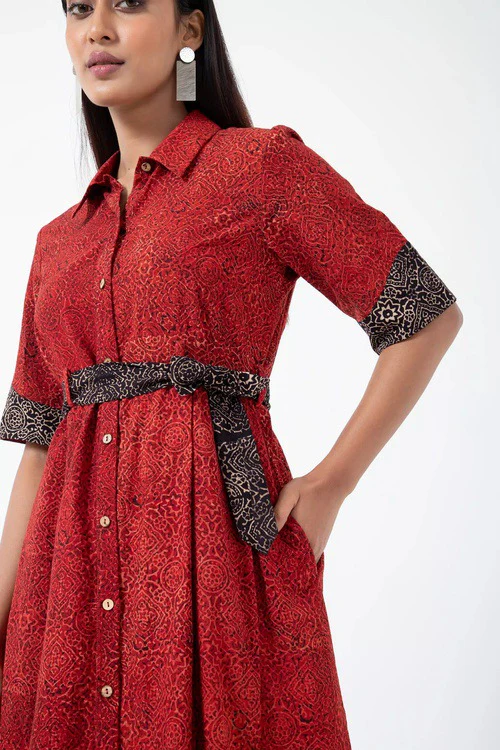 Inkriti "Monday" Block Printed Organic Cotton Dress - Red Silverlining - Image 5