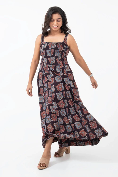 Inkriti "Panel" Block Printed Organic Cotton Dress - Half Black