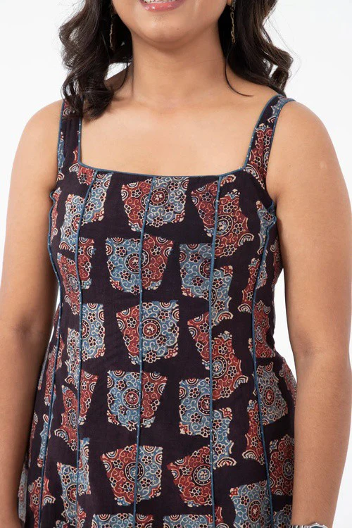 Inkriti "Panel" Block Printed Organic Cotton Dress - Half Black - Image 2