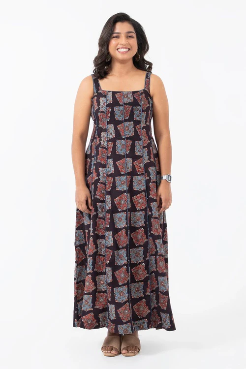 Inkriti "Panel" Block Printed Organic Cotton Dress - Half Black - Image 3