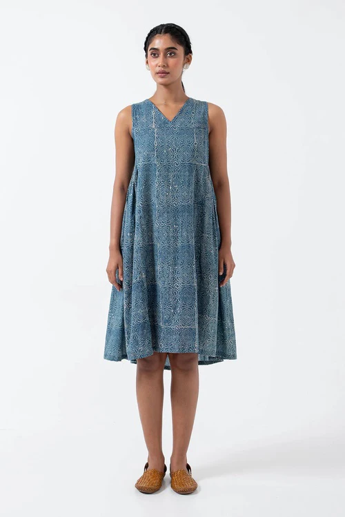 Inkriti "Sunday" Block Printed Organic Cotton Dress - Indigo Skyline