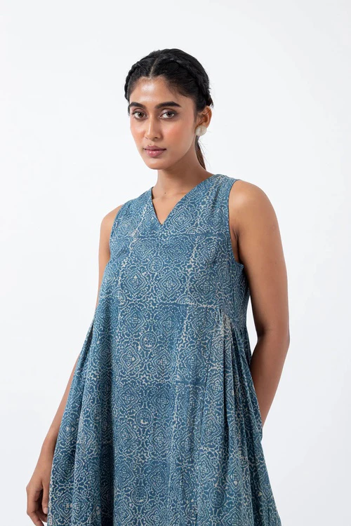 Inkriti "Sunday" Block Printed Organic Cotton Dress - Indigo Skyline - Image 2