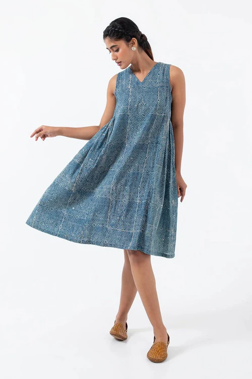 Inkriti "Sunday" Block Printed Organic Cotton Dress - Indigo Skyline - Image 3