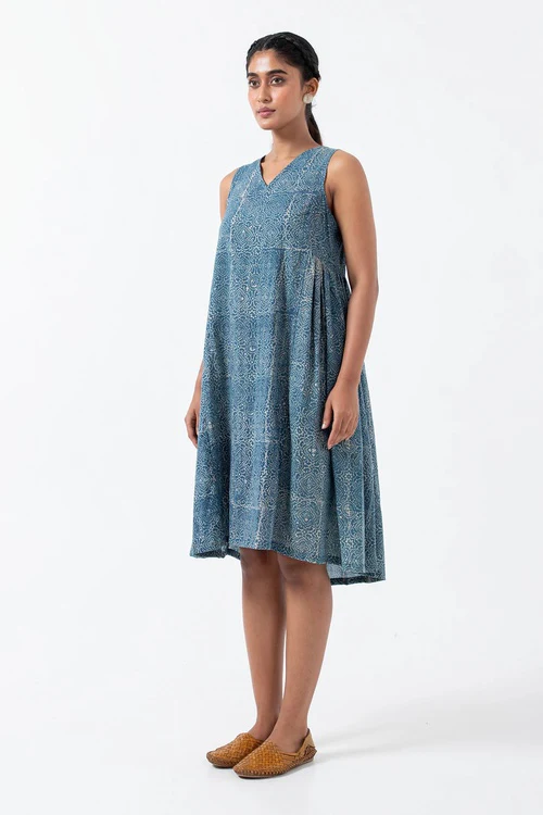 Inkriti "Sunday" Block Printed Organic Cotton Dress - Indigo Skyline - Image 4