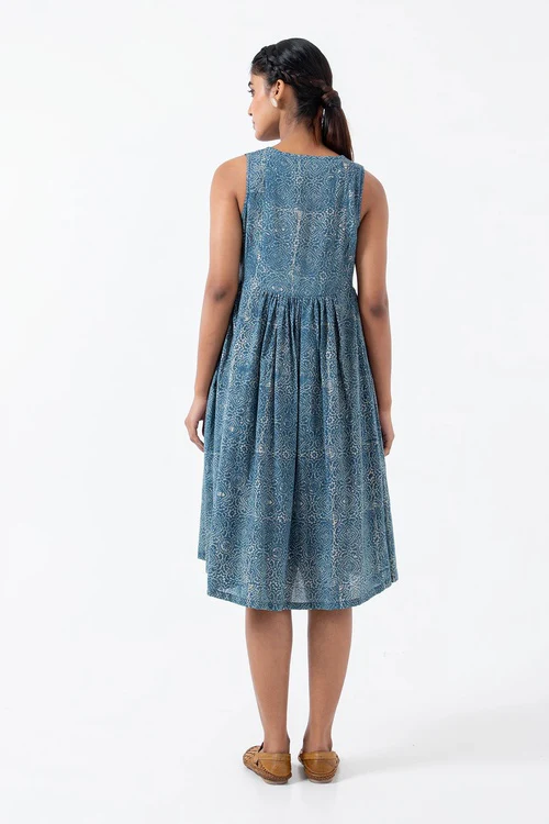 Inkriti "Sunday" Block Printed Organic Cotton Dress - Indigo Skyline - Image 5