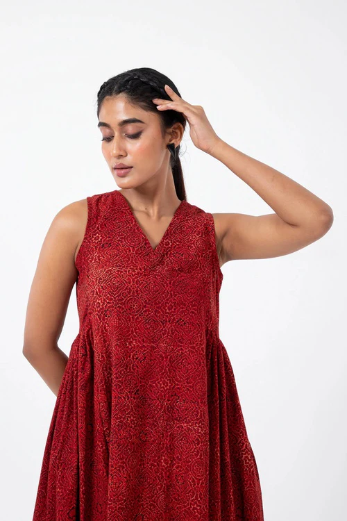 Inkriti "Sunday" Block Printed Organic Cotton Dress - Red Silverlining - Image 2