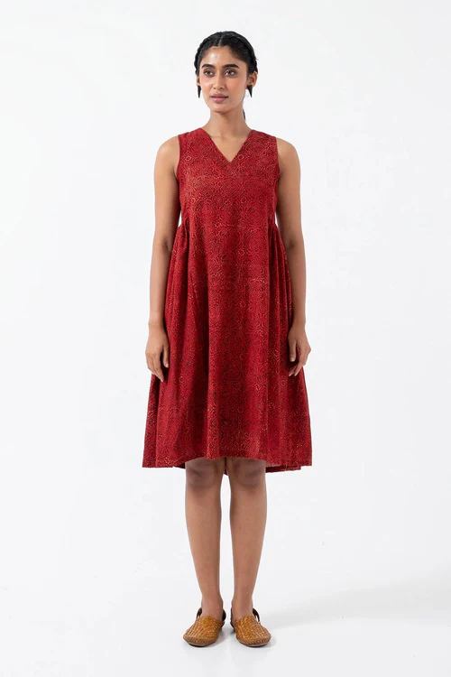 Inkriti "Sunday" Block Printed Organic Cotton Dress - Red Silverlining - Image 3