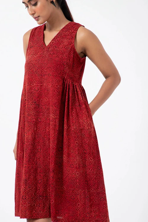 Inkriti "Sunday" Block Printed Organic Cotton Dress - Red Silverlining - Image 4