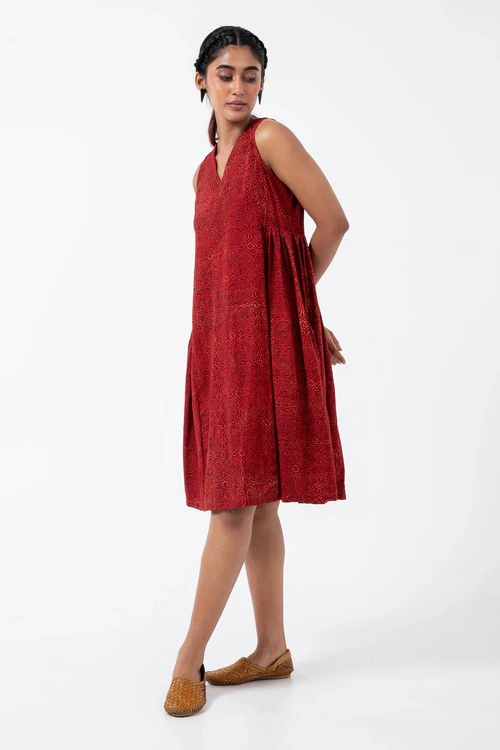 Inkriti "Sunday" Block Printed Organic Cotton Dress - Red Silverlining - Image 6