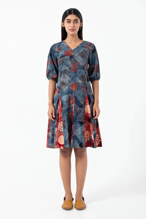 Inkriti "Swirl" Block Printed Organic Cotton Dress - Indigo
