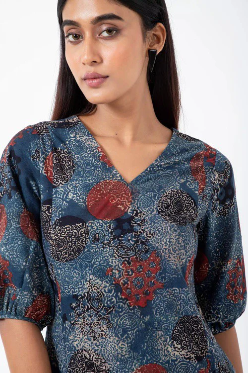 Inkriti "Swirl" Block Printed Organic Cotton Dress - Indigo - Image 2
