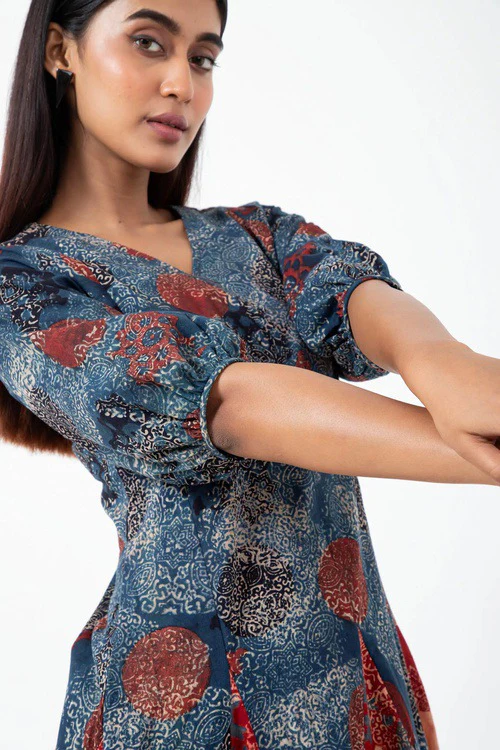 Inkriti "Swirl" Block Printed Organic Cotton Dress - Indigo - Image 3