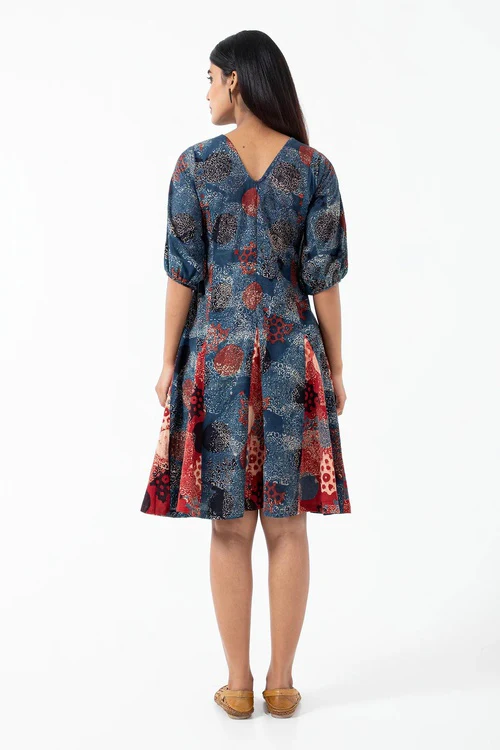 Inkriti "Swirl" Block Printed Organic Cotton Dress - Indigo - Image 4