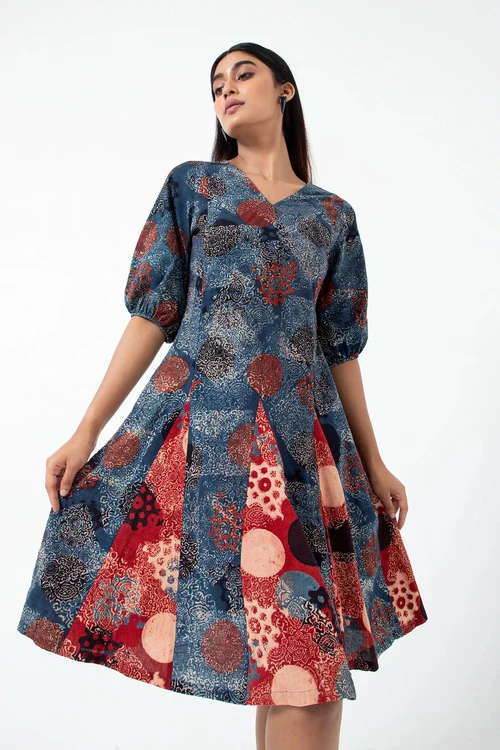 Inkriti "Swirl" Block Printed Organic Cotton Dress - Indigo - Image 5