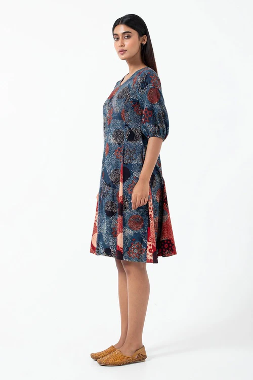 Inkriti "Swirl" Block Printed Organic Cotton Dress - Indigo - Image 6