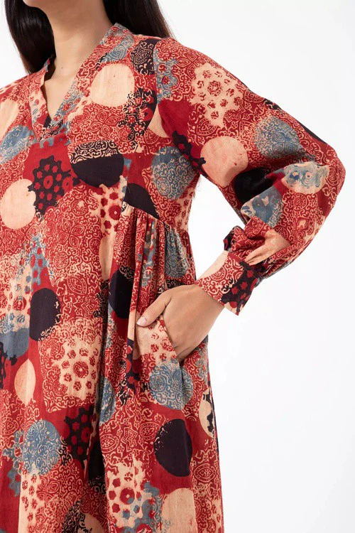 Inkriti "Timeless" Block Printed Organic Cotton Dress - Alizarine - Image 3