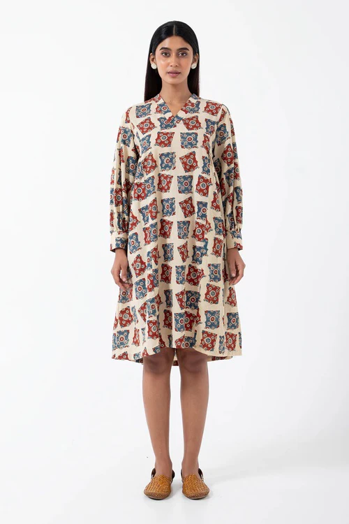 Inkriti "Timeless" Block Printed Organic Cotton Dress - Half White