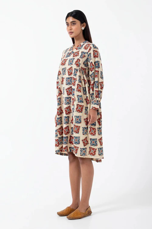 Inkriti "Timeless" Block Printed Organic Cotton Dress - Half White - Image 4