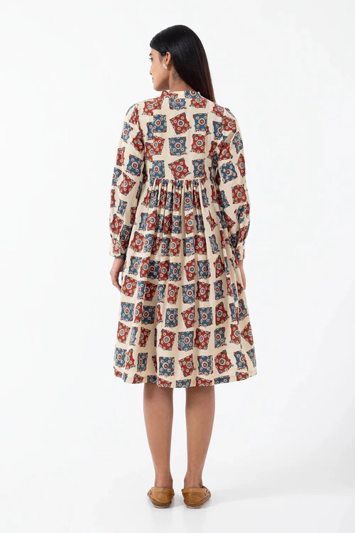 Inkriti "Timeless" Block Printed Organic Cotton Dress - Half White - Image 5
