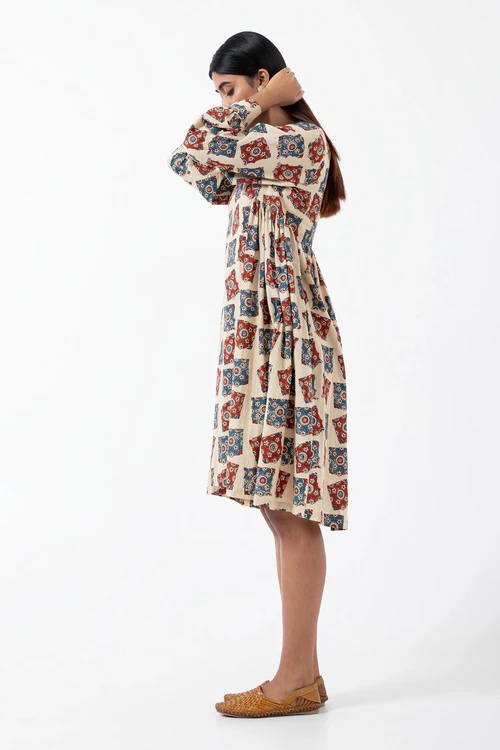 Inkriti "Timeless" Block Printed Organic Cotton Dress - Half White - Image 6