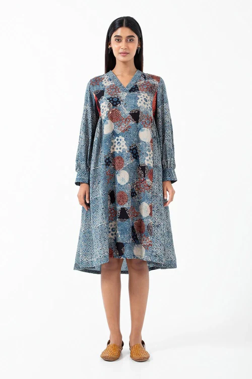 Inkriti "Timeless" Block Printed Organic Cotton Dress - Indigo