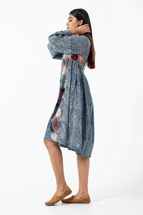 Inkriti "Timeless" Block Printed Organic Cotton Dress - Indigo - Image 3