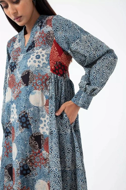 Inkriti "Timeless" Block Printed Organic Cotton Dress - Indigo - Image 6
