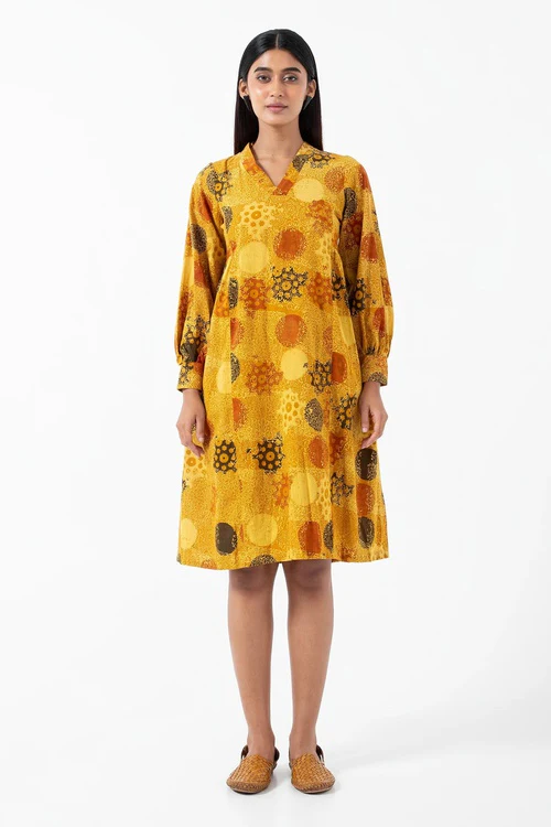 Inkriti "Timeless" Block Printed Organic Cotton Dress - Sunshine - Image 3