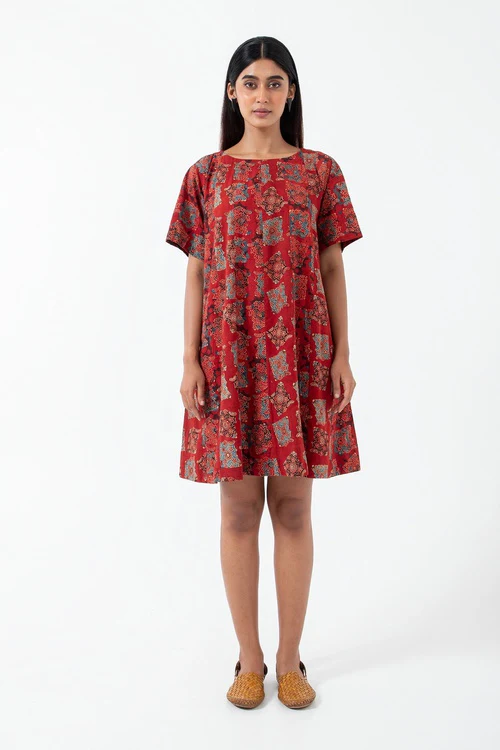 Inkriti "Zero-Waste" Block Printed Organic Cotton Dress - Atypical Red